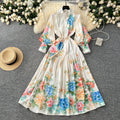 LW0990 2025 Spring  Printed Dress Women'S Lace-Up Waist Stand Collar Pleated Long Skirt Vintage Clothing