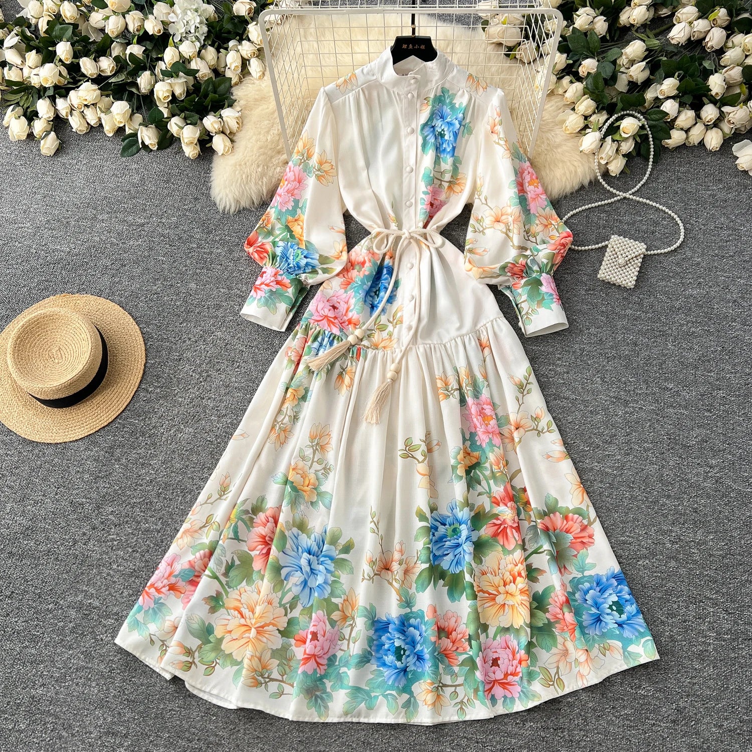LW0990 2025 Spring  Printed Dress Women'S Lace-Up Waist Stand Collar Pleated Long Skirt Vintage Clothing