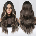 Manufacturer Long Ombre Brown Synthetic Wig Brown Highlight Middle Part Hair Wig for Women Natural Heat Resistant Fiber