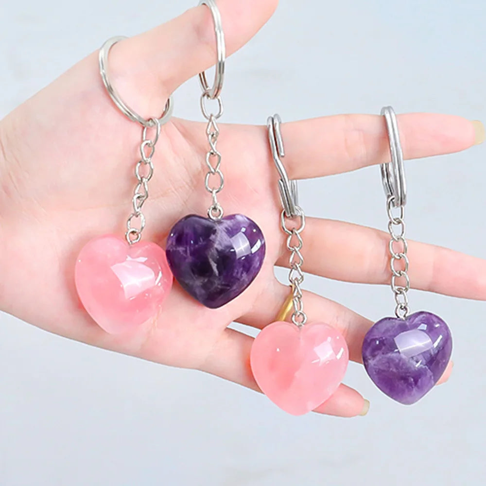 Wholesale Natural Crystal Heart Shape Keychain Rose Quartz Amethyst Customizable Fashion Crafts DIY Handmade Accessories Gifts