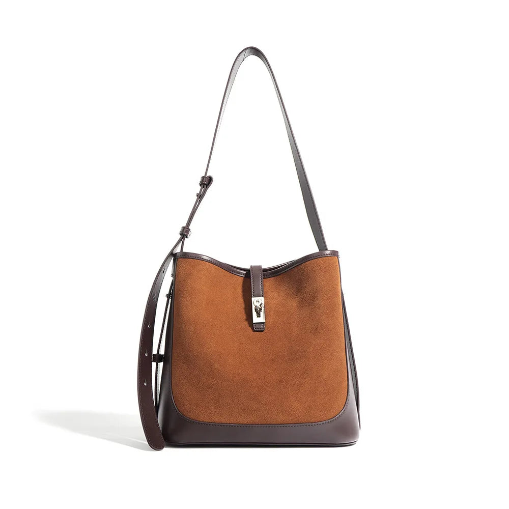 OEM Customized 2025 Latest Luxury White Fur Decorated Brown Suede Leather Handbag with Zipper Closure Cowhide Genuine Suede Bag
