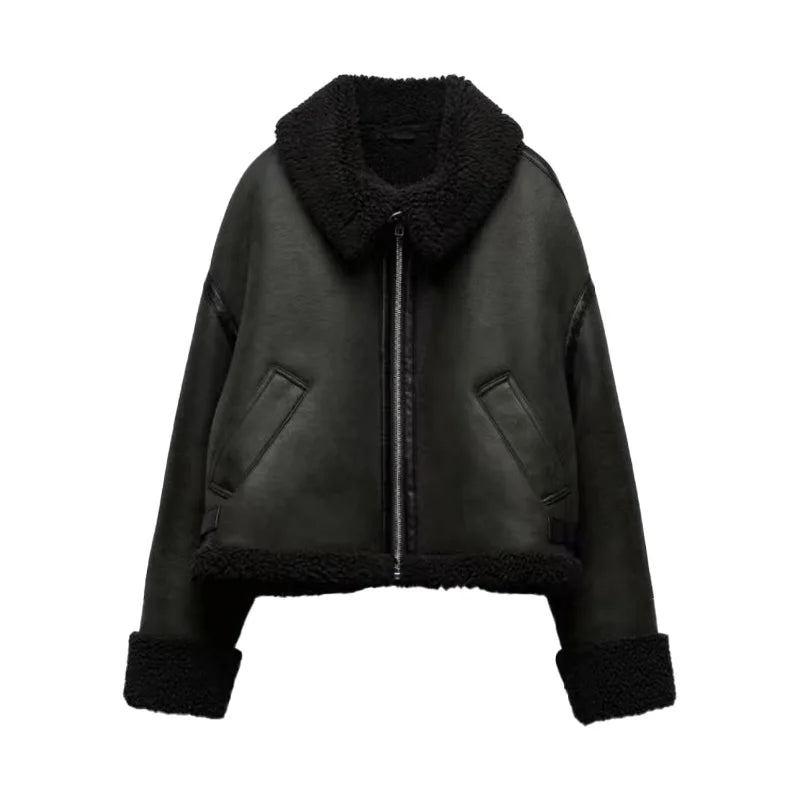 ZATRHMBM 2023 Women Fashion Warm Reversible Motorcycle Jackets Coat Vintage Long Sleeve Side Pockets Female Outerwear Chic Tops
