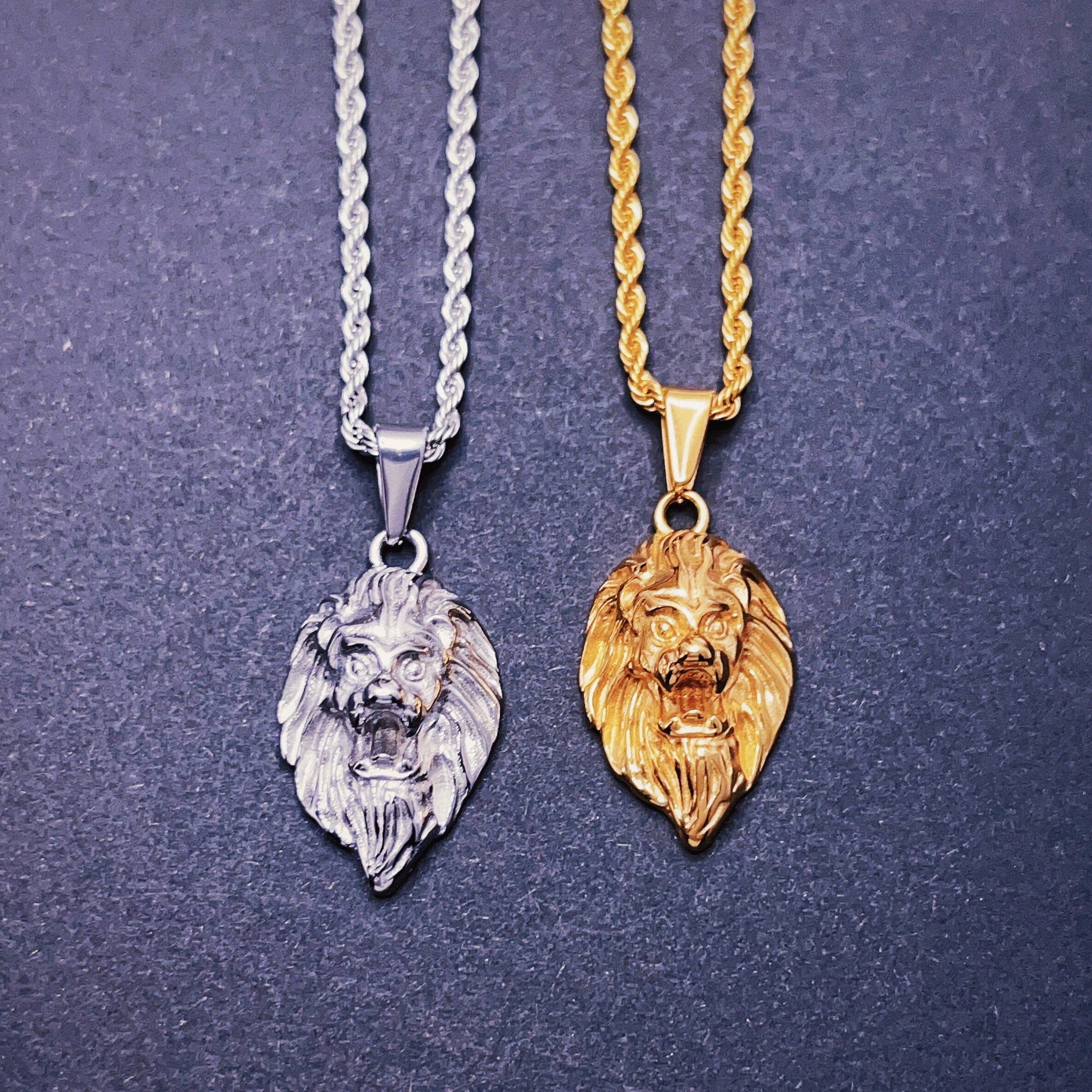 Custom Mens Necklaces Jewelry Animal Lion Pendant Stainless Steel Gold Plated Men Necklace Lion Head Pendant With Rope Chain
