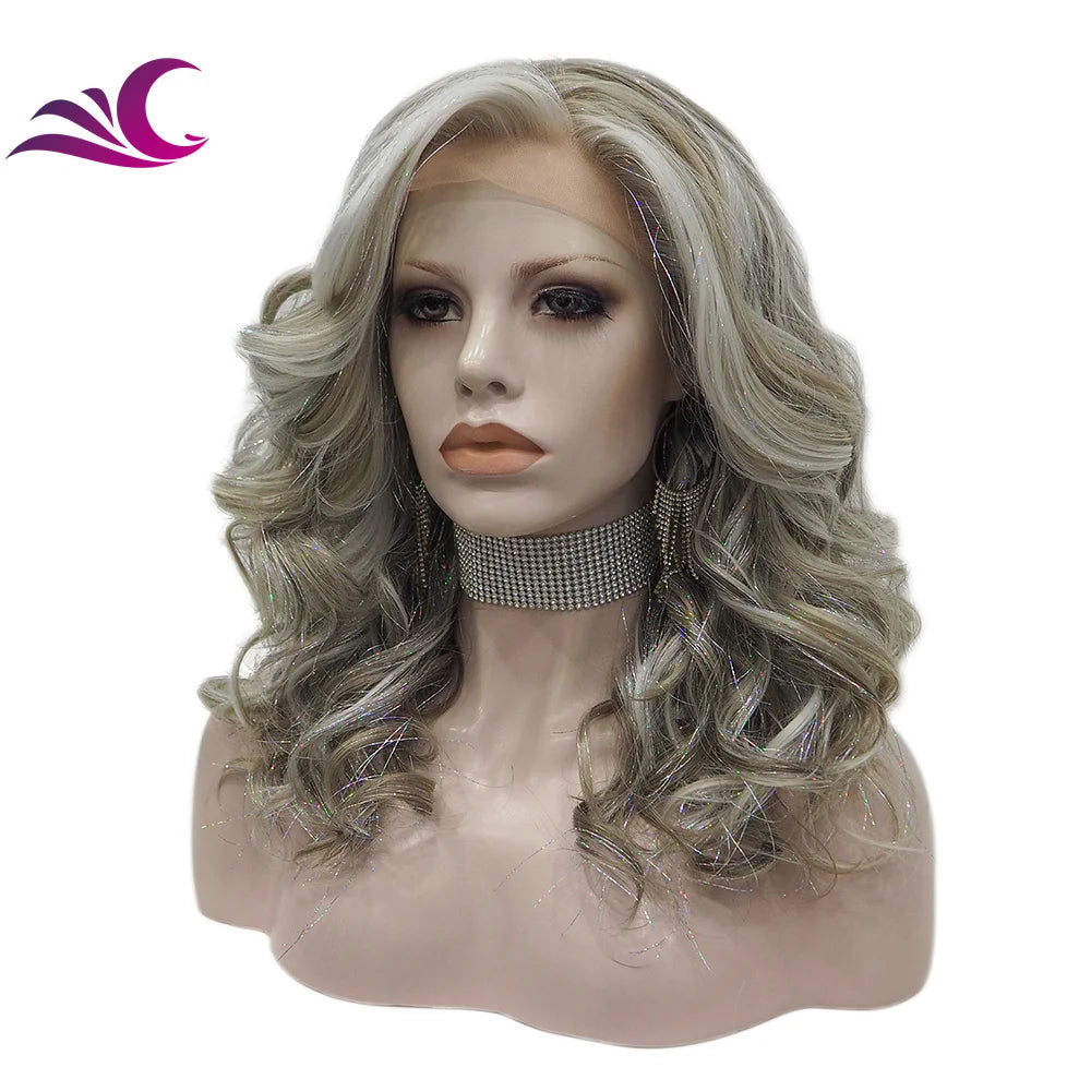 Celebrity Tinsel Ash Blond Grey Color Futura Heat Resistant Fiber Multicolor Synthetic Lace Front Wigs for Cosplay Wig