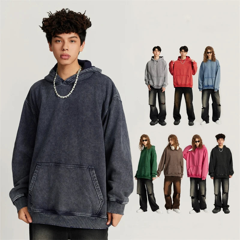 Custom Logo Men's Hoodies Oversize Blank Fleece No String Embroidery Heavyweight Street Wear Plain Acid Wash Hoodies