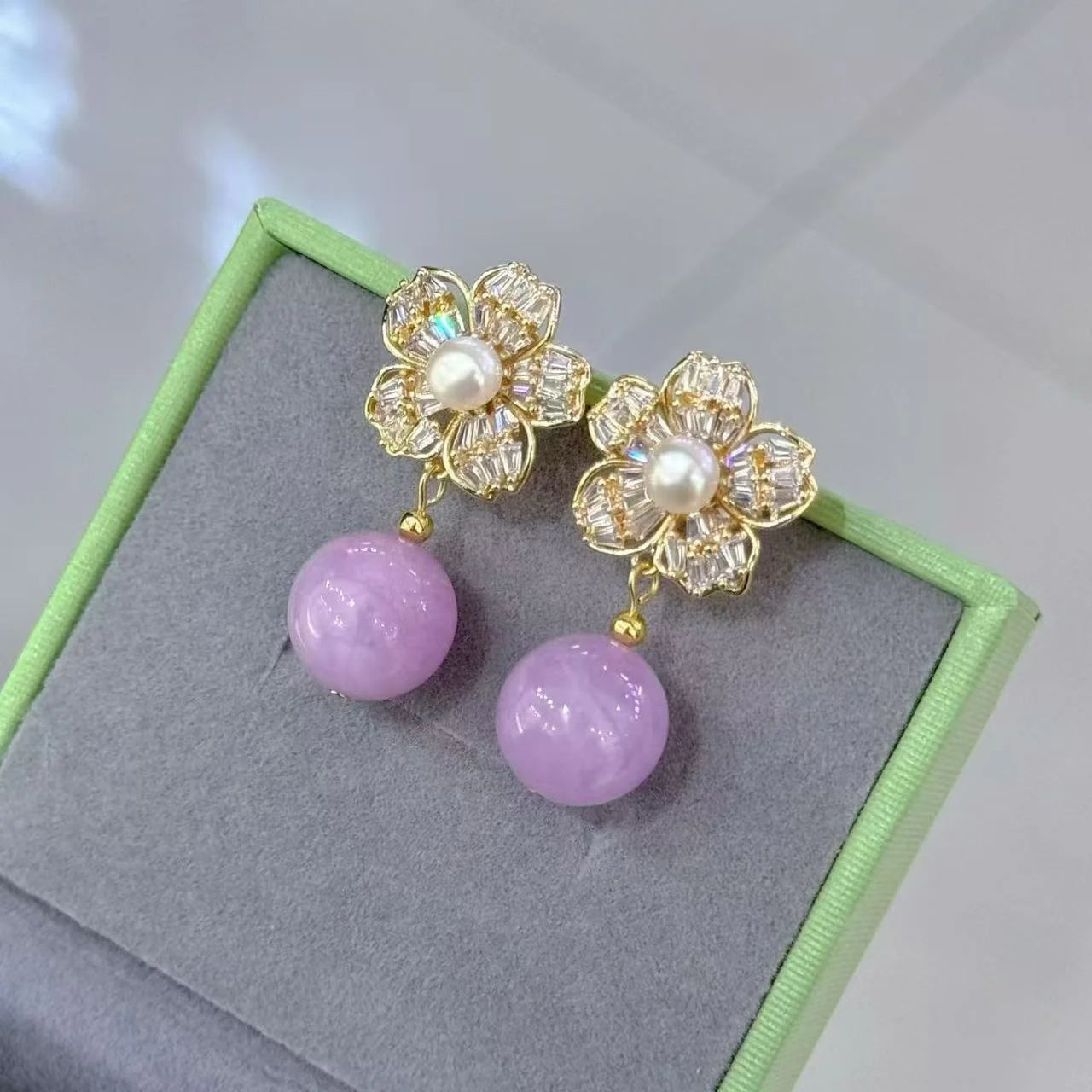 Handmade Fine Jewelry Chakra Healing Crystal Natural Kunzite 925 Sterling Silver Needle Charm Drop Earring