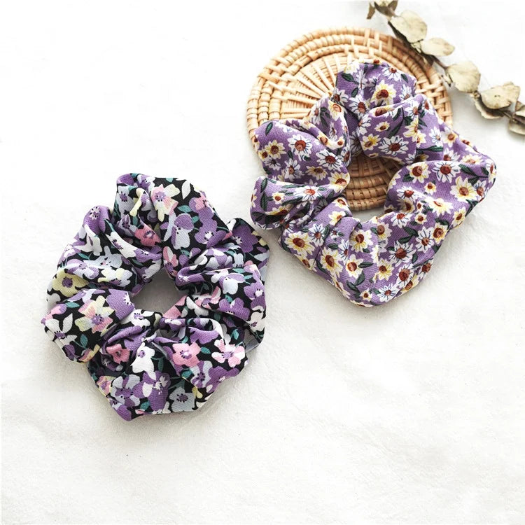 MIO New Purple Summer Popular Hair Scrunchies Pretty Floral Printed Ponytail Holder Elastic Hair Accessories