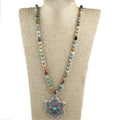 Fashion Knot Jewelry  8mm Amazonite Black Lava Natural Stone Necklace Alloy Double Flower Pendant Necklace