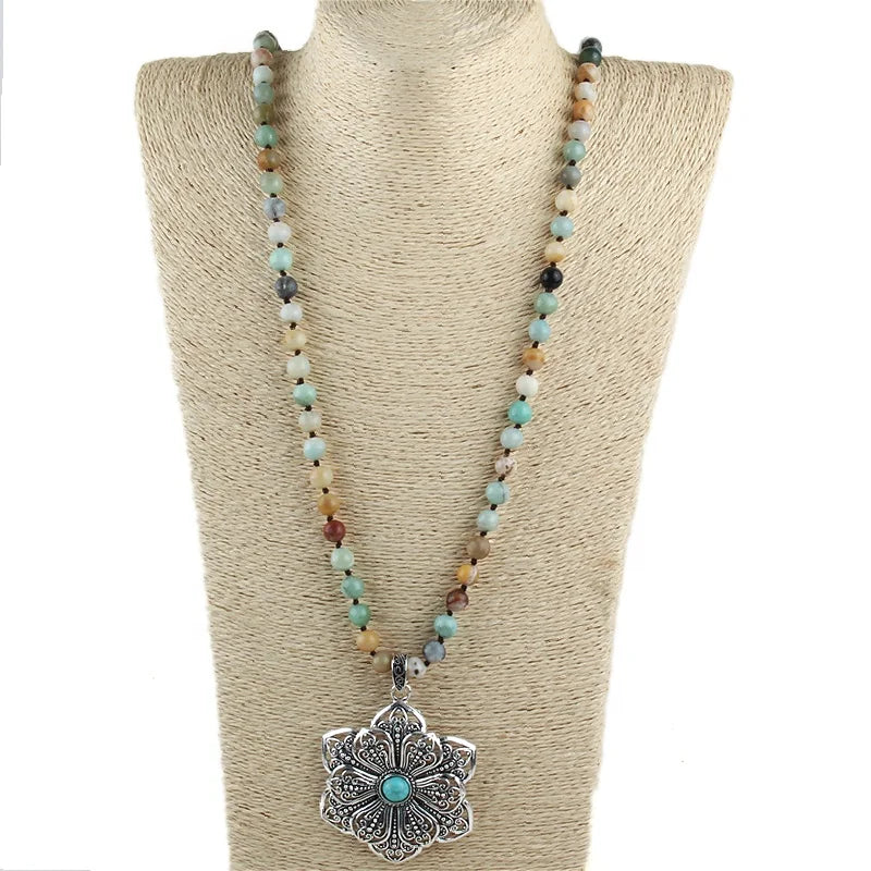 Fashion Knot Jewelry  8mm Amazonite Black Lava Natural Stone Necklace Alloy Double Flower Pendant Necklace