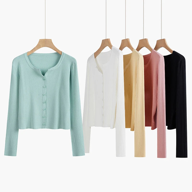 Knitted Cardigan Sweater Women 2024 Spring Summer New Korean Style LooseThin Solid Color V-neck Long Sleeves Top Female LR1196
