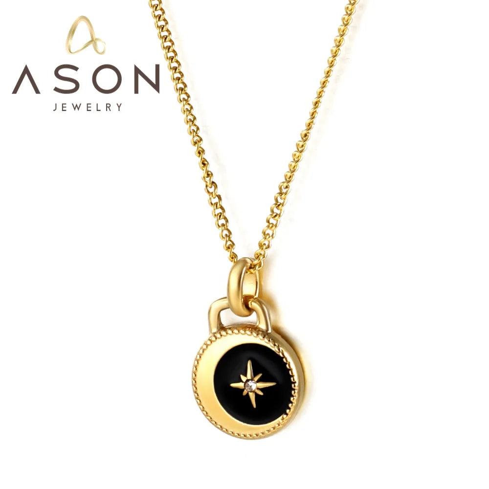 Ason 18k Gold Plated Black Drop Oil Lucky Star Zircon Necklace Stainless Steel Round Pendant Necklace