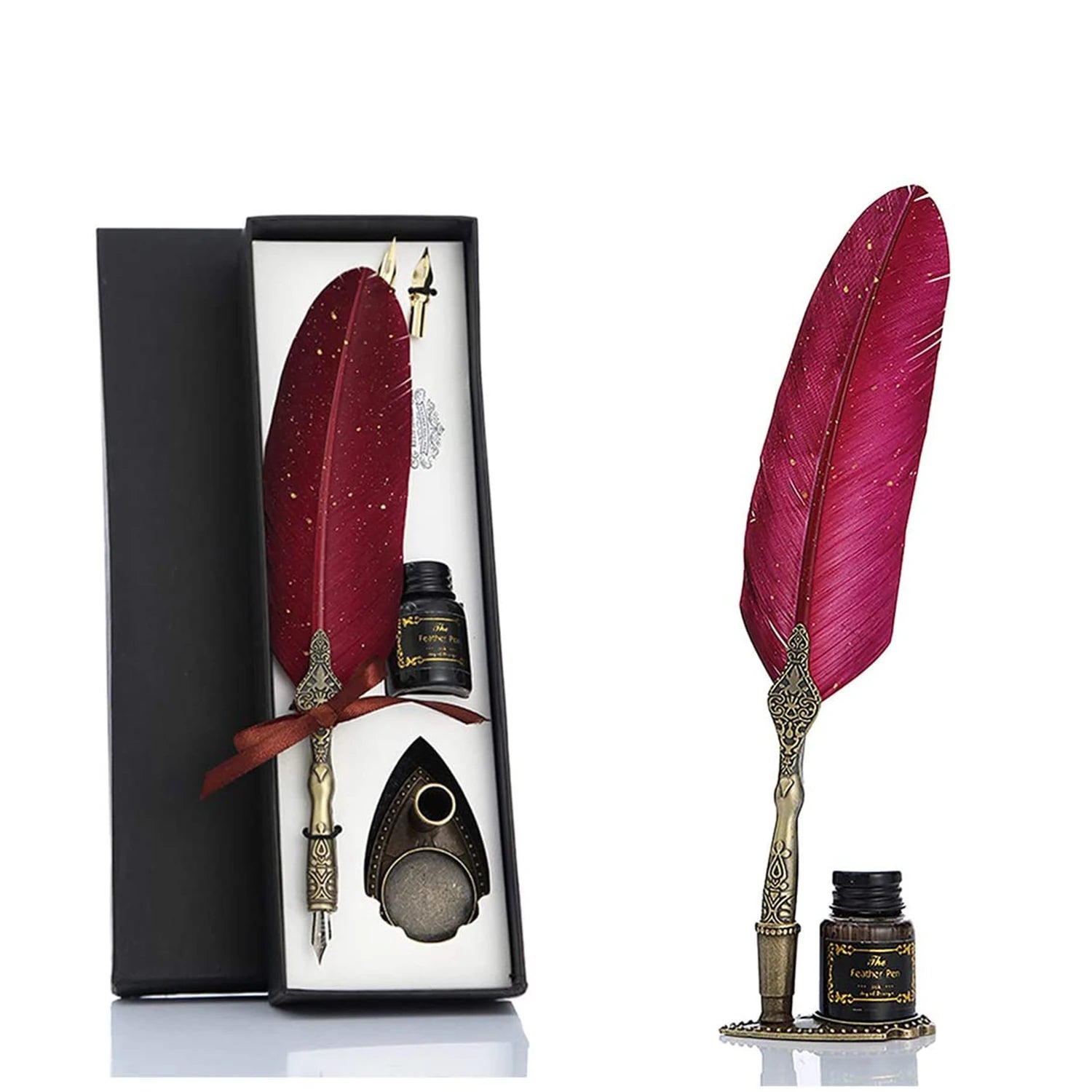 Hot Sale Retro Feather Fountain Pen Calligraphy Nib Pen Feather Quill Kugelschreiber with Office Pen Stand