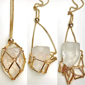 Stainless Steel 18k Gold Bamboo Net Bag Natural Crystal Stone Adjustable Pendant Necklace Gemstone Jewelry for Men Women