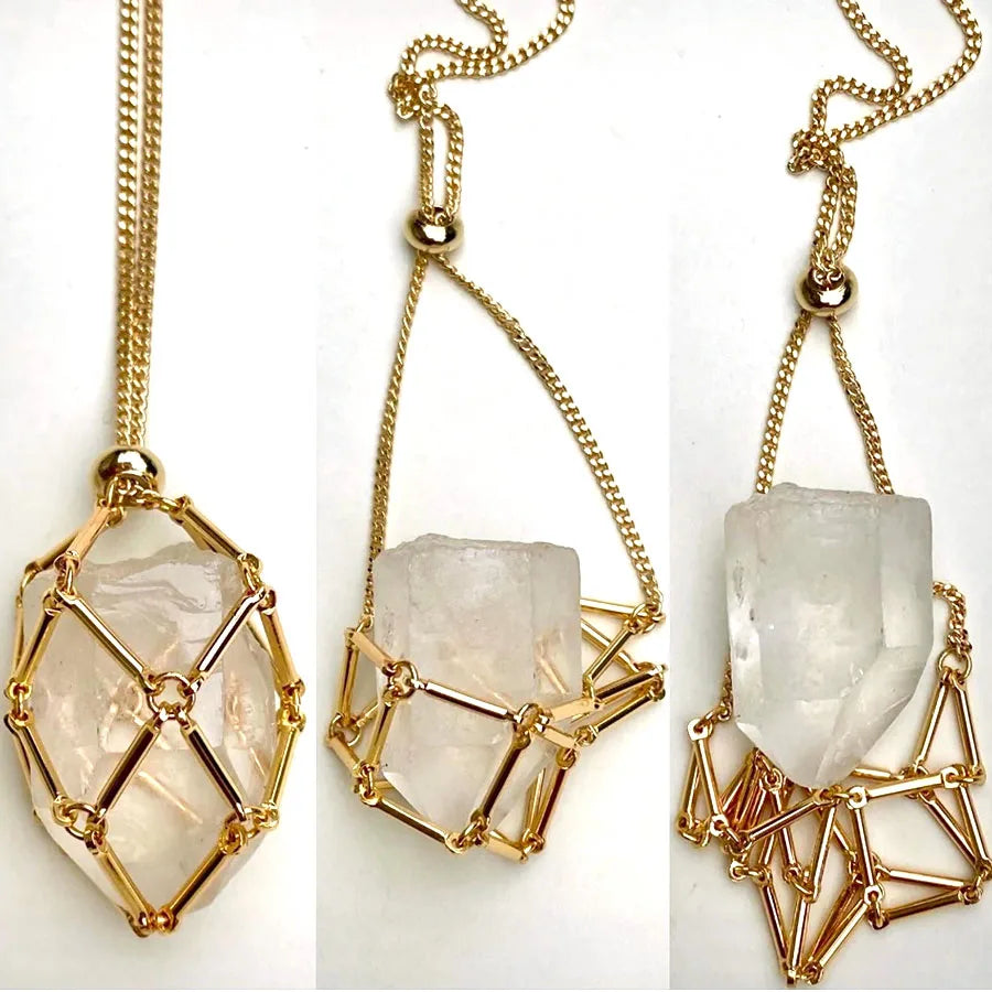 Stainless Steel 18k Gold Bamboo Net Bag Natural Crystal Stone Adjustable Pendant Necklace Gemstone Jewelry for Men Women