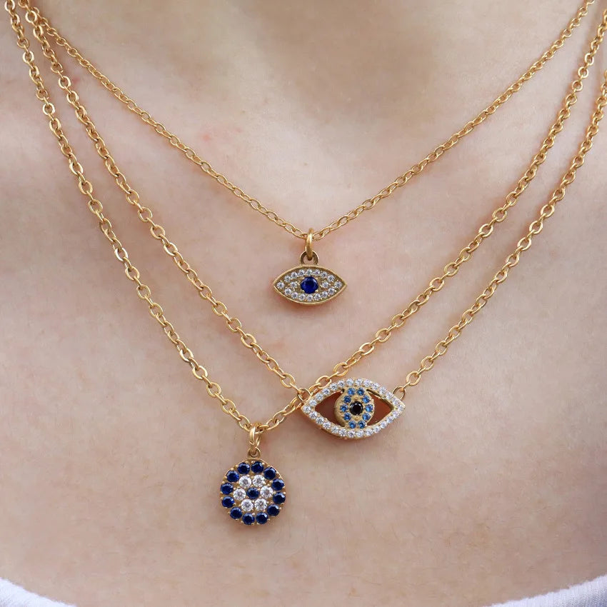 Ins 18K Gold Plated Stainless Steel Evil Eyes Round Pendant Necklace Waterproof Hypoallergenic Jewelry Gift