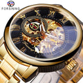 Forsining Watch New Golden Skeleton Mechanical Watch Hand Wind Men Stainless Steel Strap Wristwatch Sports  Clock Man Gift