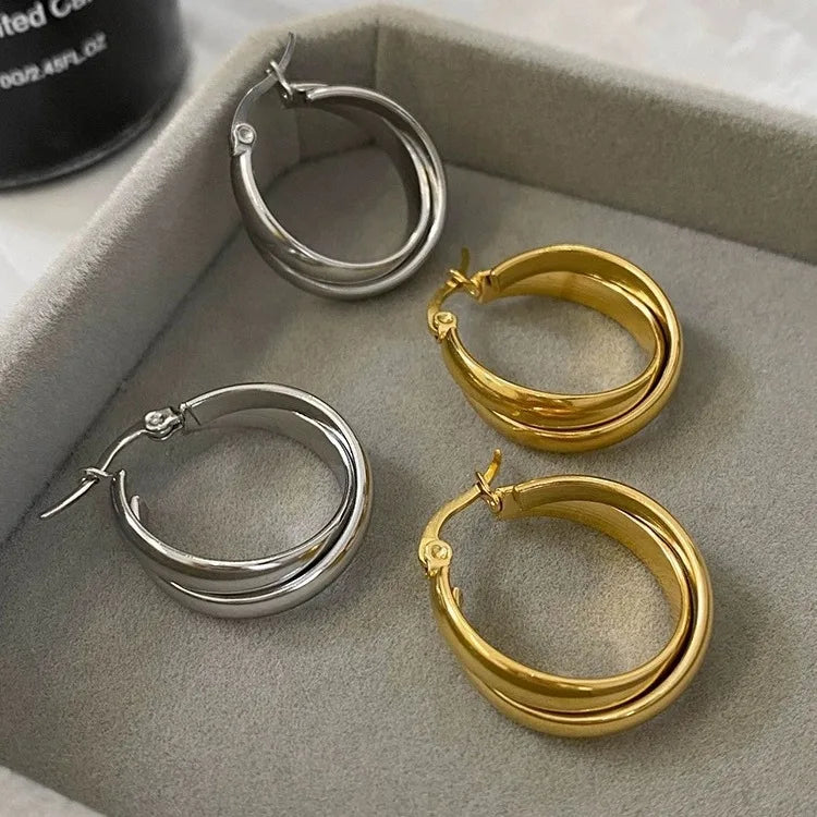 Wholesale Fashion Simple Stainless Steel Twisted Double Layer U-shaped Hollow Earrings 18k Gold Plated Women's Luxury Jewelry
