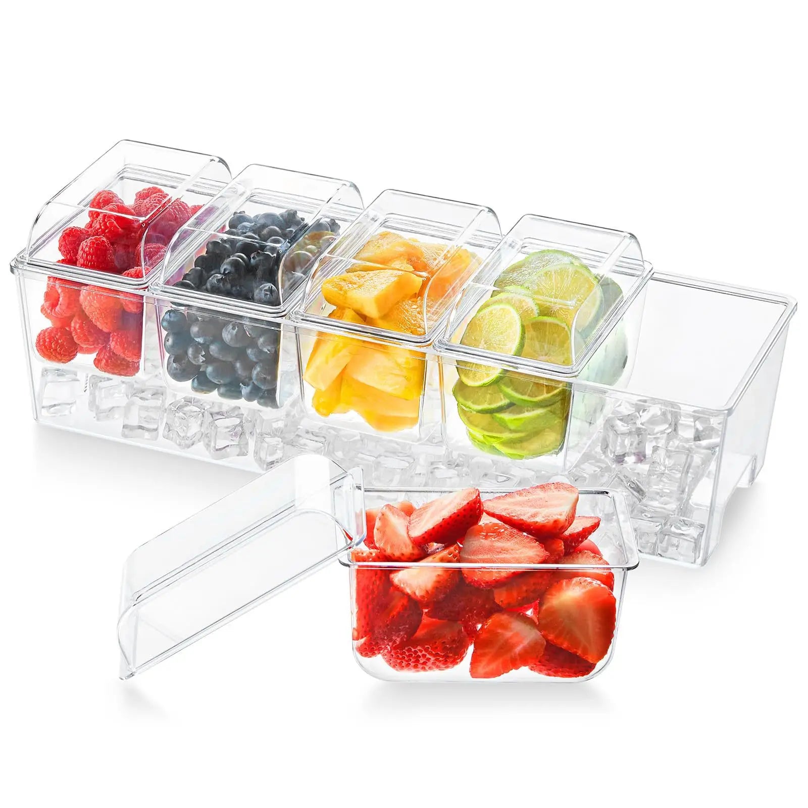 Large Ice Chilled Condiment Caddy Organizer Cold Serving Tray for Party with Lid Bar Garnish Holder on Ice