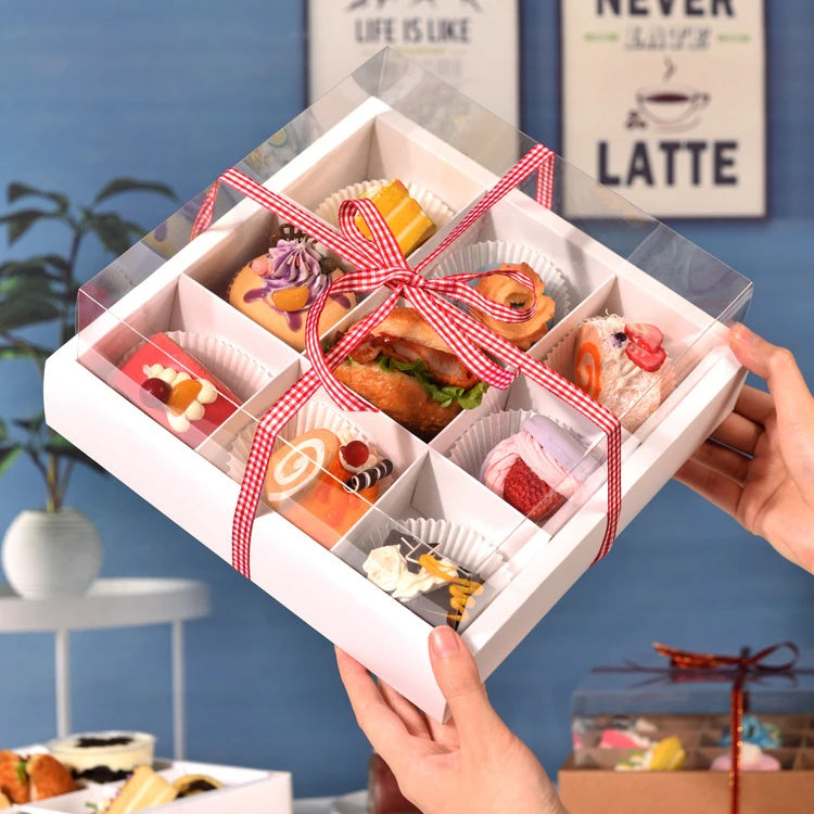 Wholesale Nine-Grid Transparent Dessert Cake Box Elevated White Kraft Paper with Lid Matt Lamination for Gift Packing