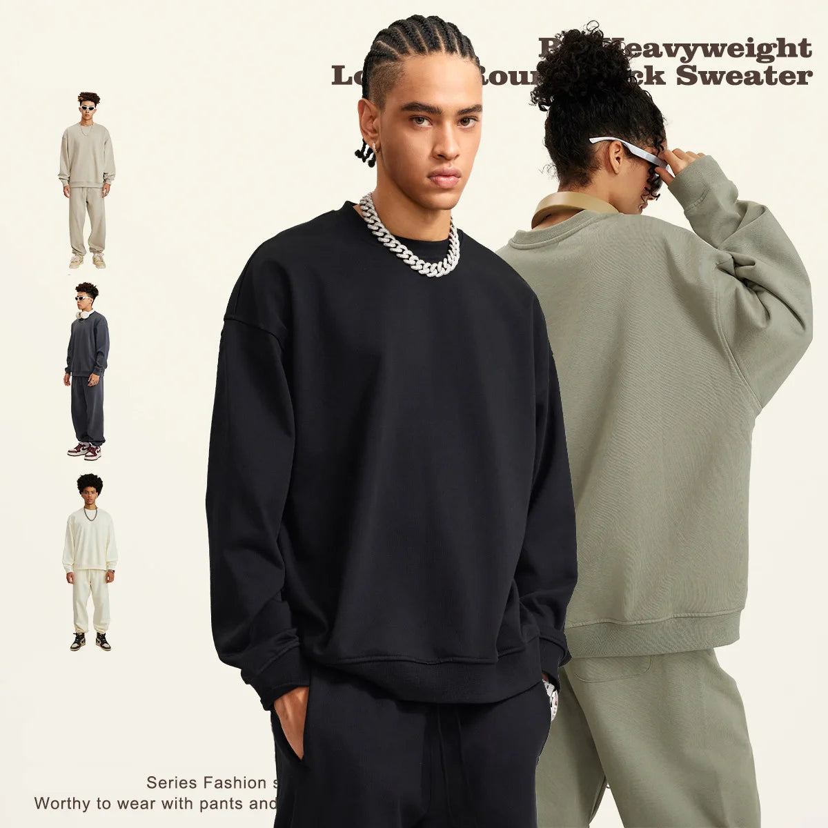 Heavyweight Terry 440G Loose Round Neck Solid Color Sweater Men's and Women's Fashion Brand Pure Cotton Sweater