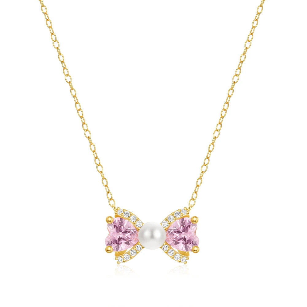 Fashion Jewelry Necklace 925 Sterling Silver Bow Pearl Necklace Bowknot pink Heart Zircon Gold Plated Necklace Women