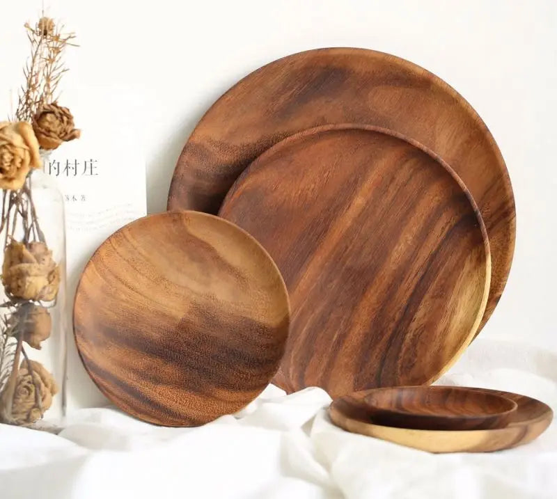Customize Engrave Logo Eco-Friendly Disposable China Round Acacia Wood Tray Plate Dish