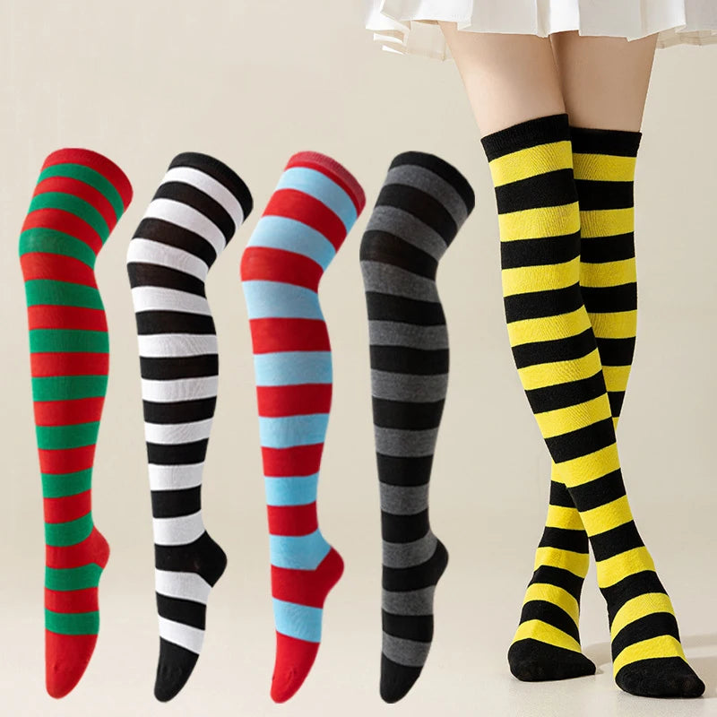 Trending Hot Sell Cute Fashion Colorful Strips Thigh High Socks Women Girls Knitted Long Stripes Stockings
