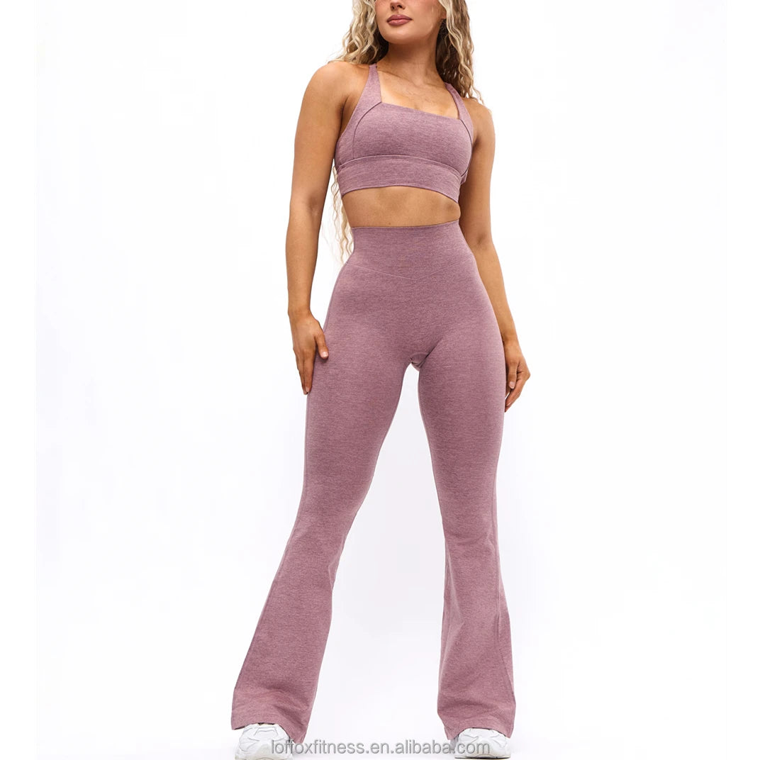 New Design Plus Size Workout Gym Running Square Neck Adjustable Strap Sport Bra Push Yoga Print Flare Leggings Four-Way Stretch