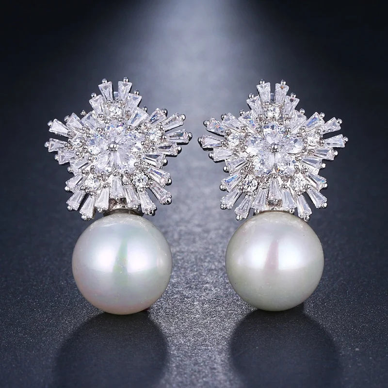 Good Quality Vintage Bling Sparkling Zircon Star Pearl Charm Earrings Wedding Jewelry