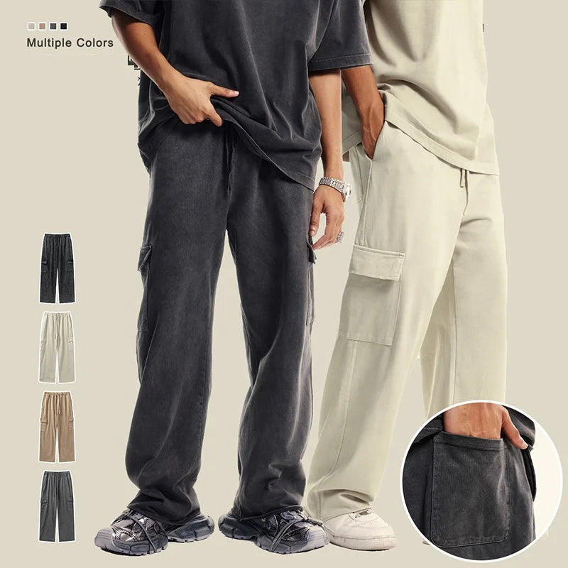 Fast Customization 358GSM Heavyweight Retro Washed Thin Multi-pocket Decorative Straight Leg Pants Drawstring Casual Cargo Pants