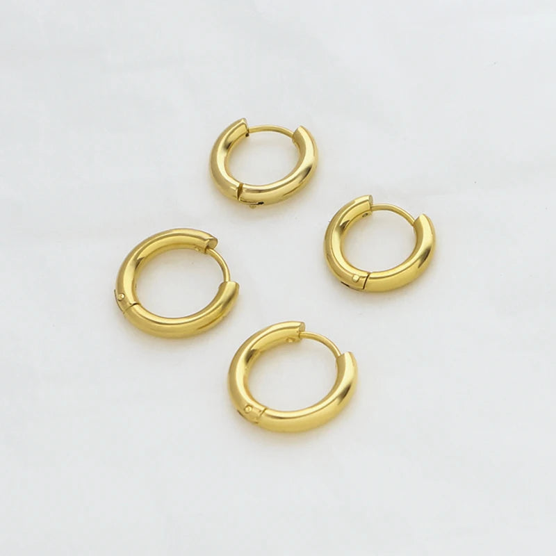 Womens 18K Real Gold Plating Surgical Stainless Steel Shiny Polished Round Huggie Hoop Earrings Jewelry