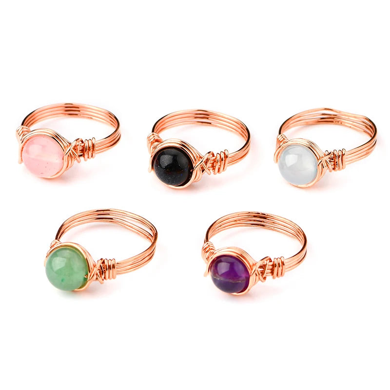 Women Natural Stone Pure Hand-woven Diy Crystal Beads Creative Personality Birthstone Ring