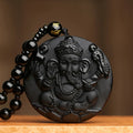 Black Natural Obsidian Hand Carved Ganesha Elephant Nose Pendant Lucky Beads Necklace Amulet Ornament New