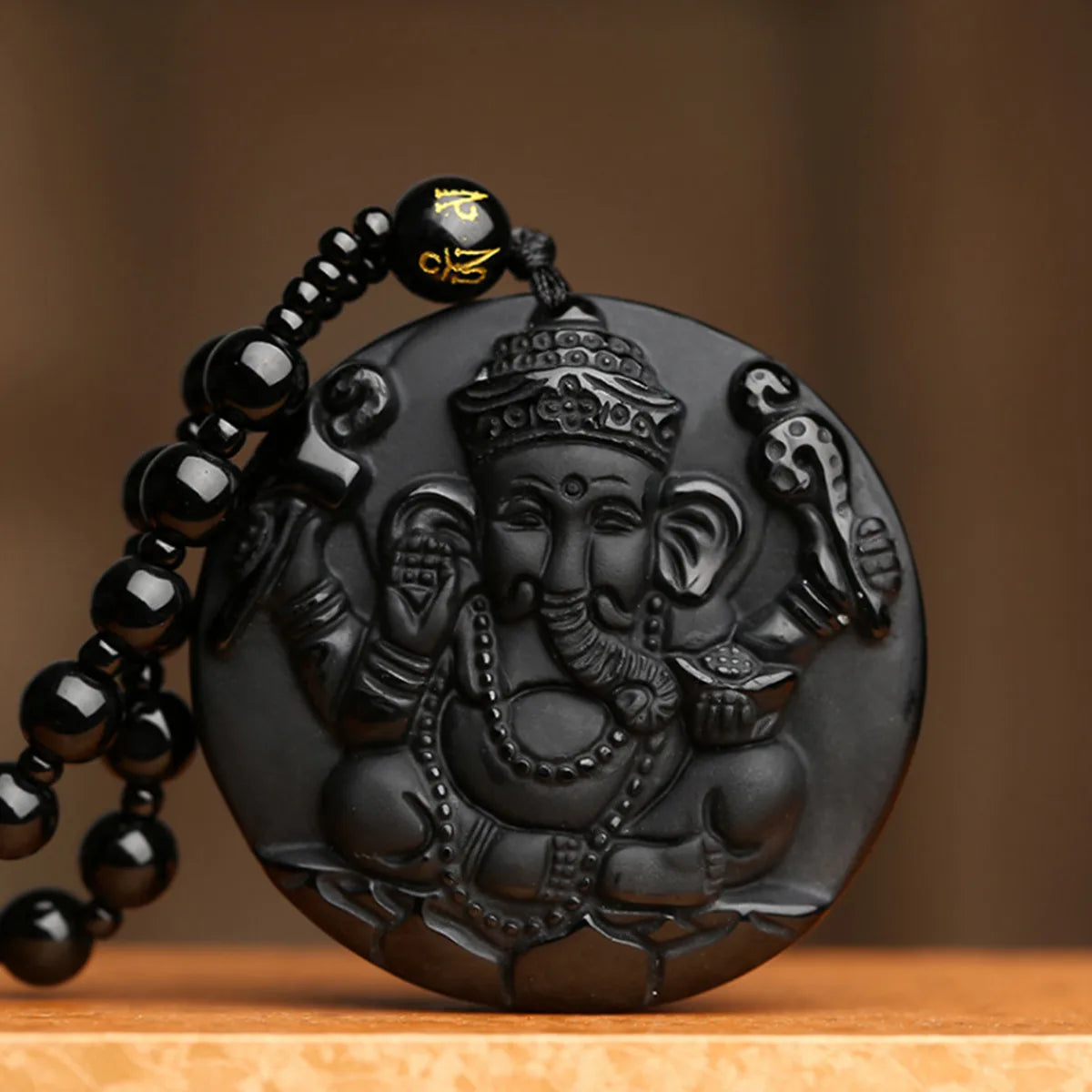 Black Natural Obsidian Hand Carved Ganesha Elephant Nose Pendant Lucky Beads Necklace Amulet Ornament New