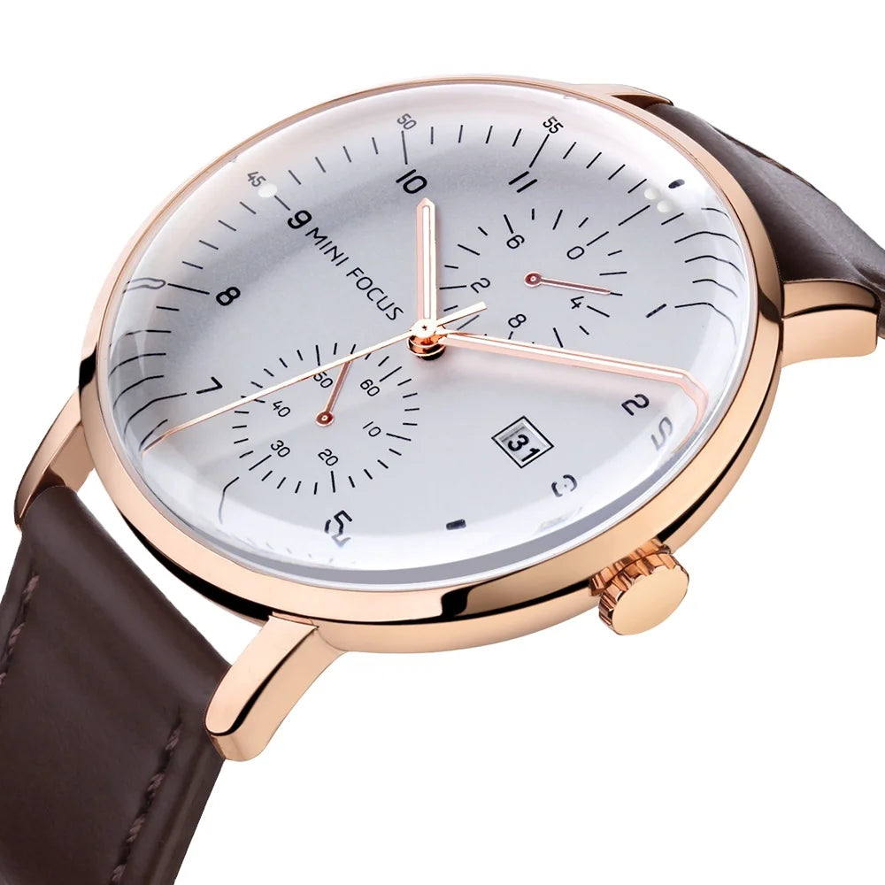 MINI FOCUS 0052G MF0052g  Calendar Leather Mesh Strap Waterproof Watch Luxury Business Quartz Watches Men Men's Wrist Watch