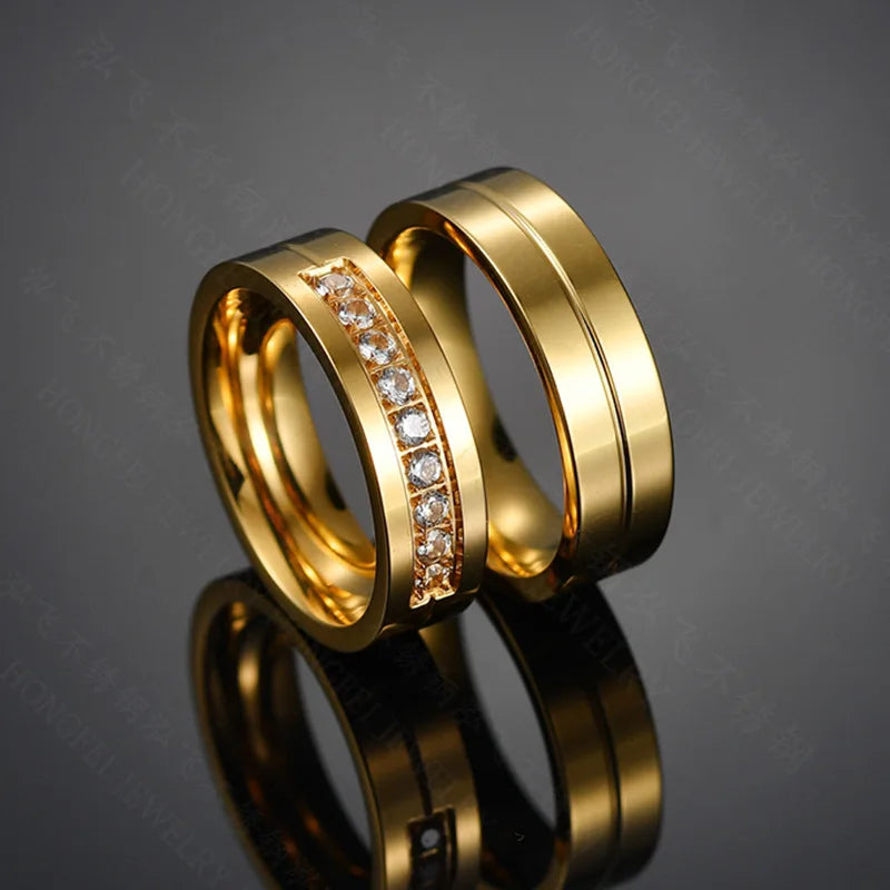 Shining Stainless Steel Zircon Women and Men Ring Jewelry Gold Plated Stainless Steel Couple Rings for Lovers
