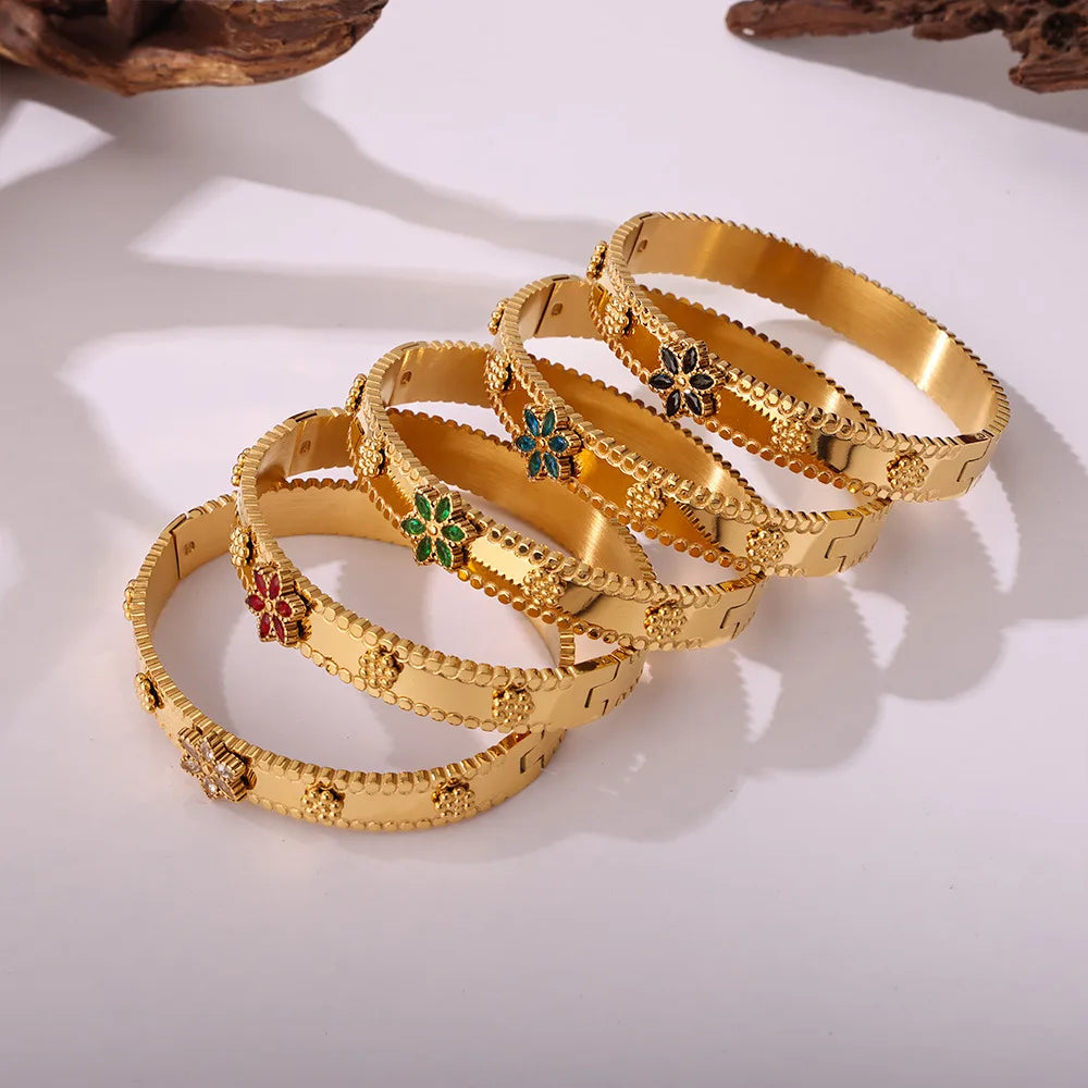 Fashion 18k Gold Plated Stainless Steel Flowers Bangle Multicolor Cubic Zirconia Snowflake Cuff Bracelets for Women Party Gifts