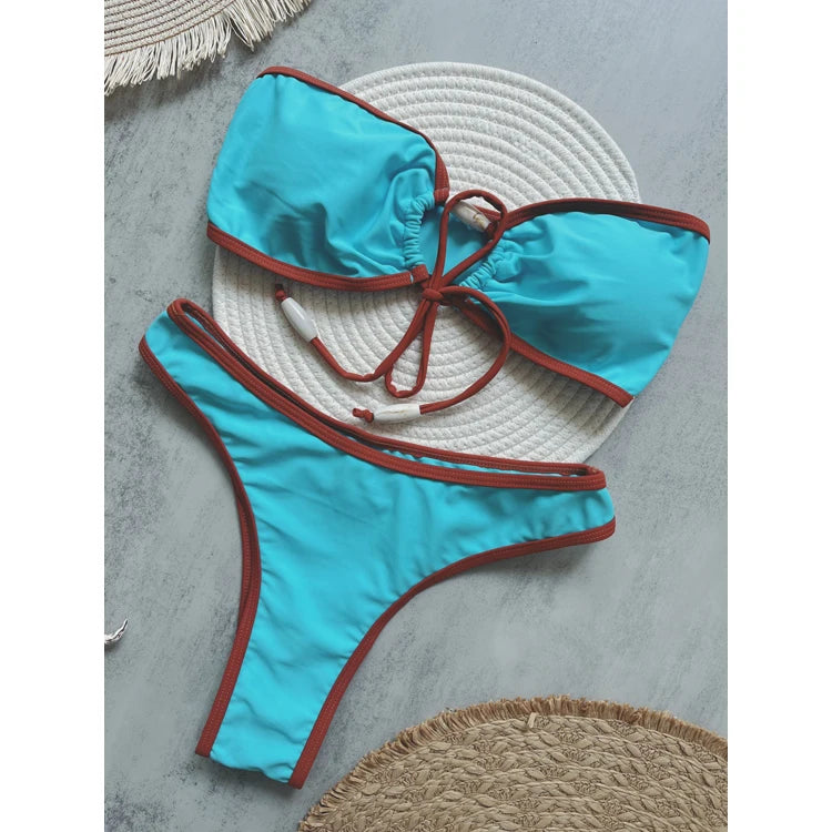 Wholesale Tube Top Blue Bikini Customized LOGO Swimsuit Sexy Bareback Brazilian Swimsuit