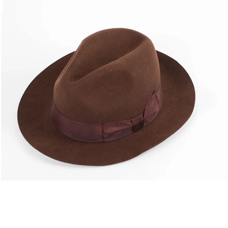 ND107 Cloche Wool Felt Hat Adult Woolen Fedora Hat Gentleman Wool Caps Wide Band Felt Wool Hat
