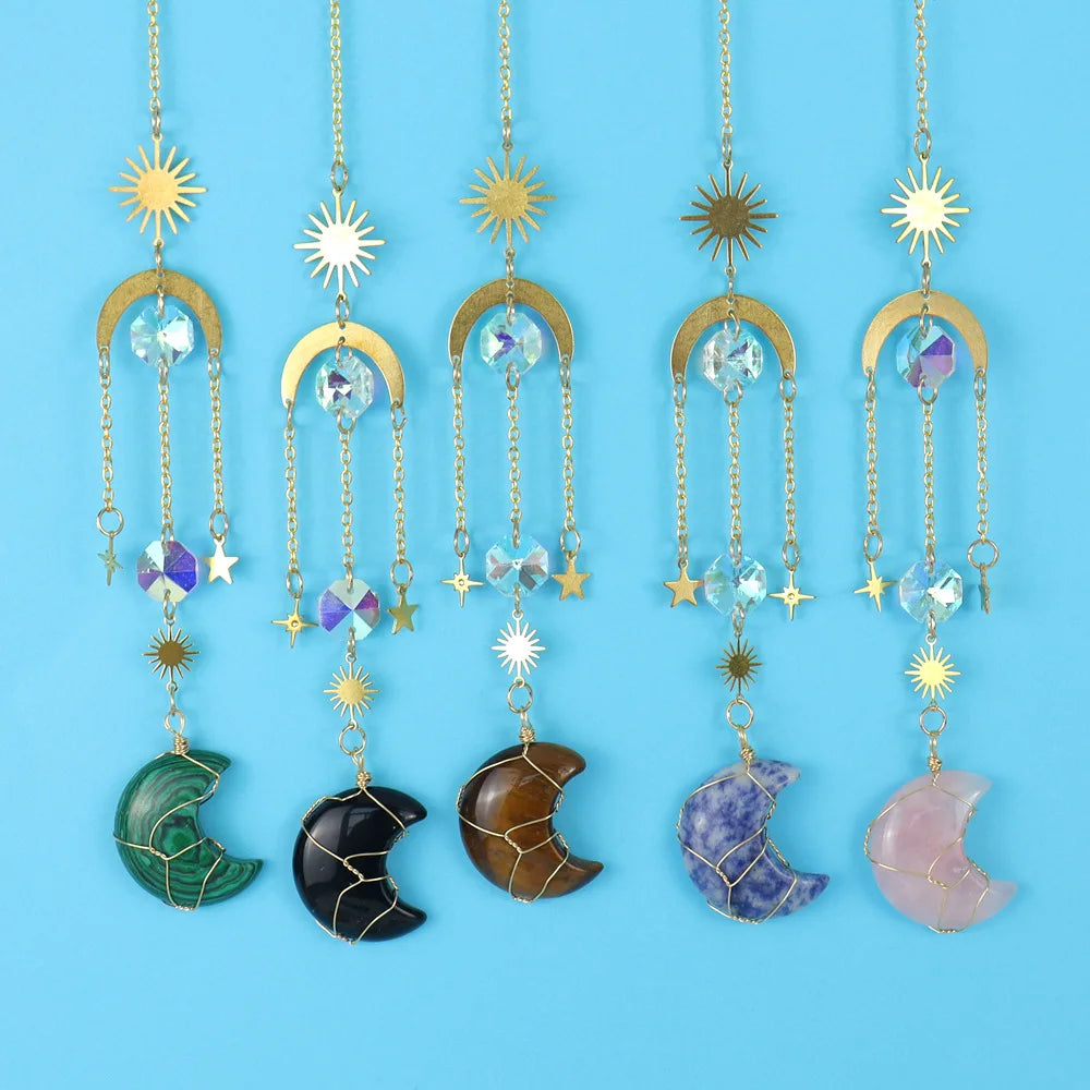 Hanging Natural Healing Gemstone Crystal Moon Star Suncatcher Sun Catcher for Home Window Decoration