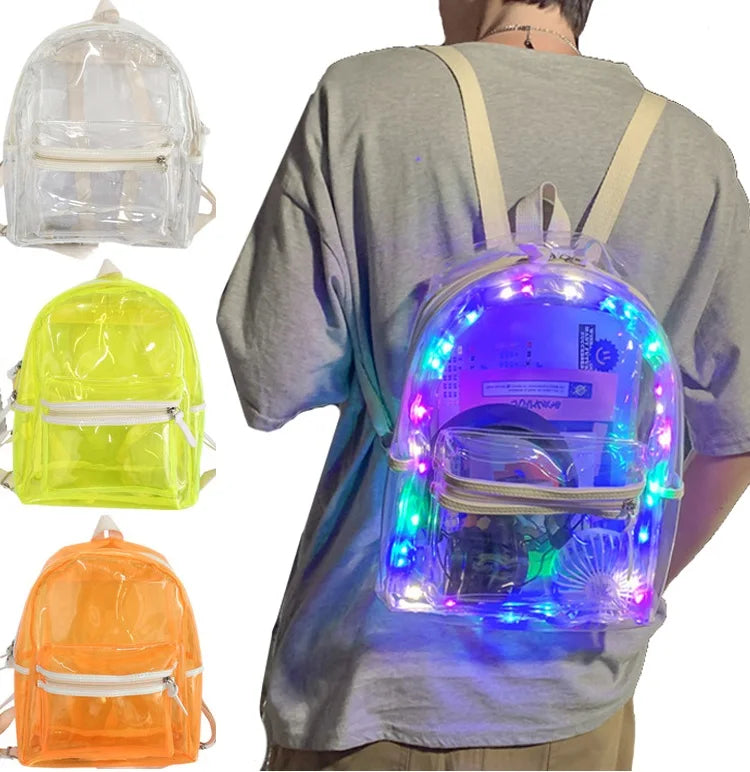 Fast Shipping Summer Jelly Color Transparent Backpack Wholesale LED Light Women PVC Clear Backpack