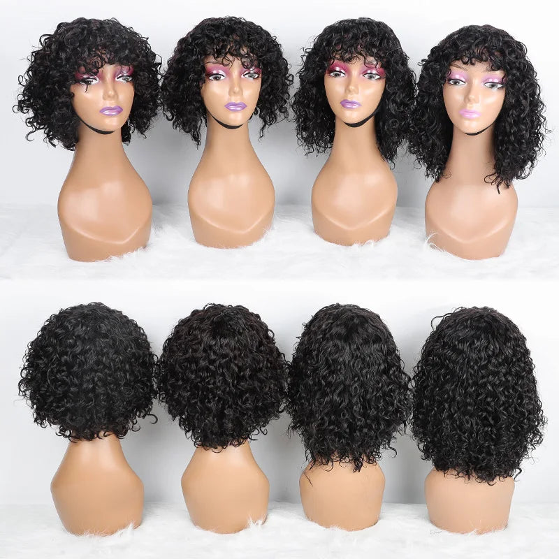 Cheap SDD Super Double Drawn Machine Made Fringe Water Wave Curls Wig 100% Human Hair Pixie Cut With Bangs for Black Women