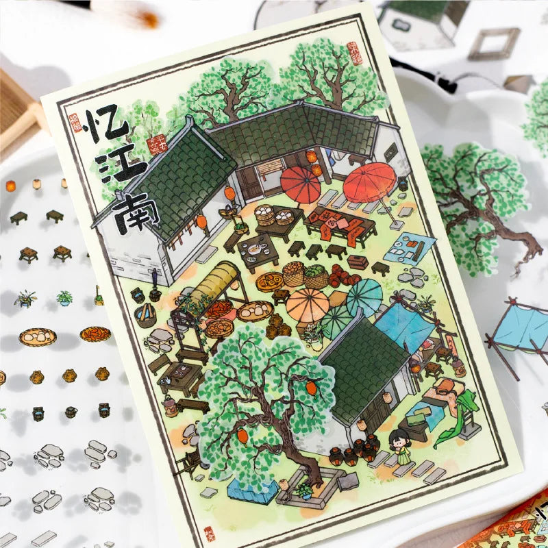 4 Sheets Per Pack of Stickers Song Time Word Painting Three Bombs National Style 3D Three-dimensional Cabin Handbook Stickers MegaBDM