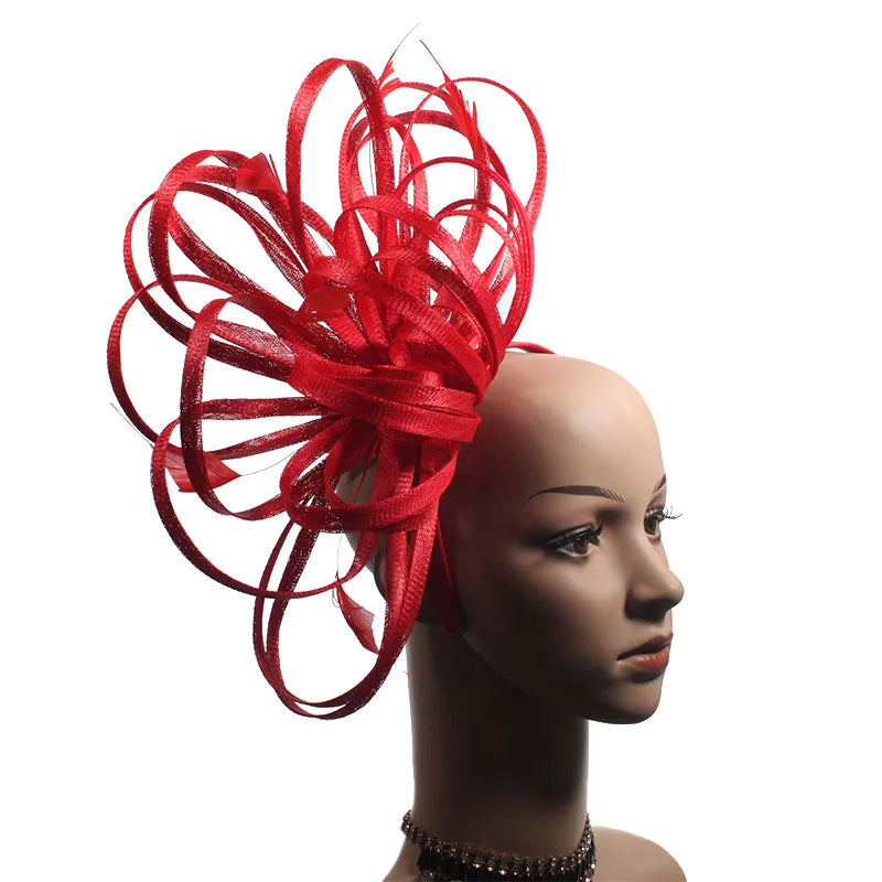 Factory Wholesale Royal Women's Colorful Feather Red Sinamay Fabric Church Bridal Fascinator Hairband for Women