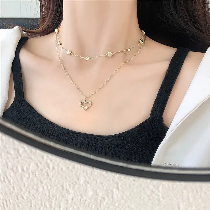 Alloy Double Heart Full Rhinestone Clavicle Chain Pendant Necklace Simple Women's Short Necklace