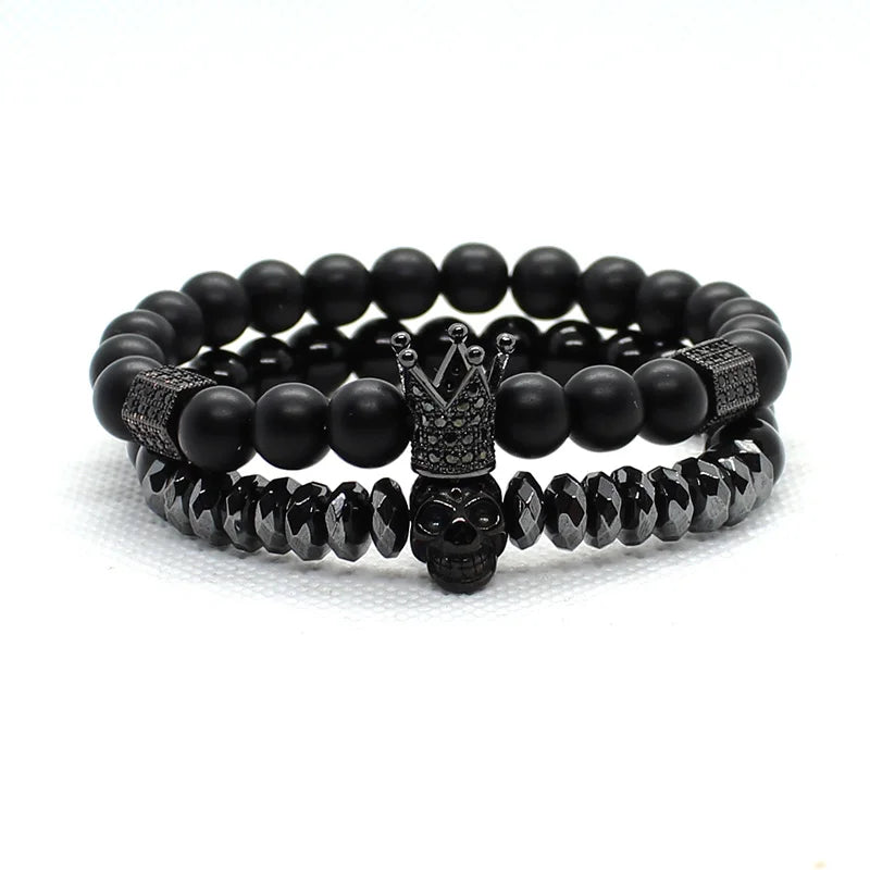 Bracelet Men Accessories Matte Oxyn Stone Beads Skull Erkek Bileklik Set Crown Jewelry Mens Bracelets for Women Pulseras Mujer