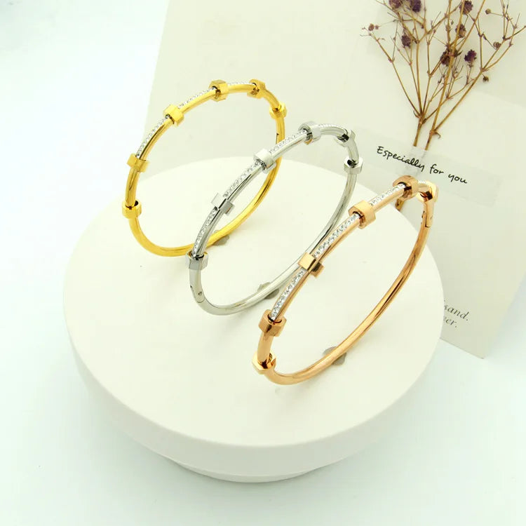 Crystal Diamond Inlaid Cuff Bracelet PVD Stainless Steel Rhinestone Bangle for Women