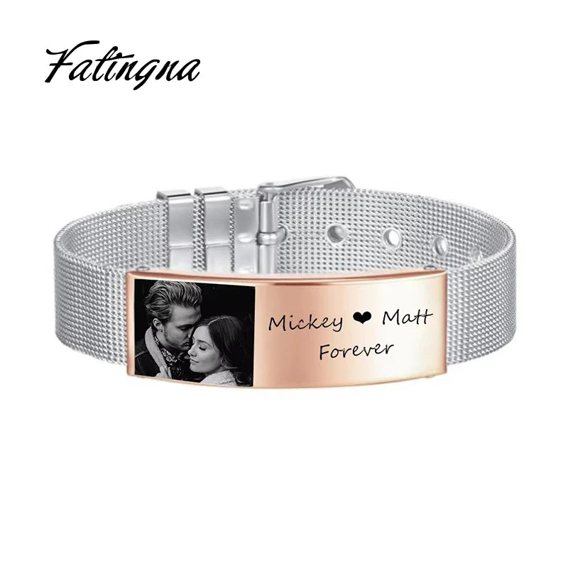 Fatingna Stainless Steel Fashion Bracelet Personalized ID Bangle with Photo & Letter Engraving Custom Stainless Steel for Men