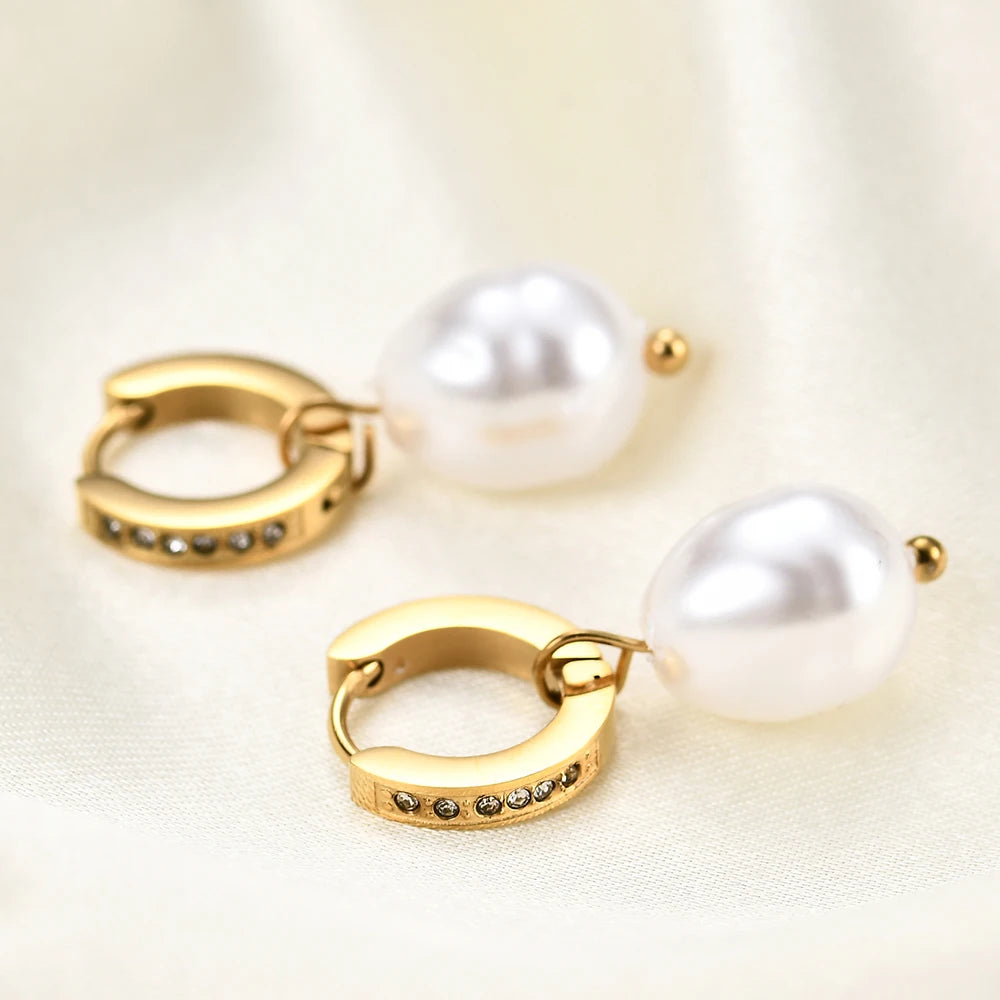INS18K Gold Plated Stainless Steel Crystal Micro-set Drop Earrings Imitation Pearl Pendant Geometric Trendy Unisex Anniversary