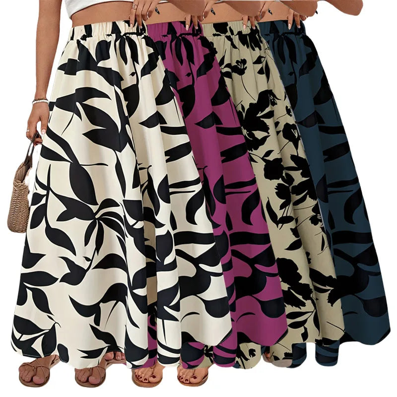 Female Summer Leaf Print A-line Maxi Skirt Women Fashion Elastic High Waist Chiffon Floral A-line Skirts Factory Wholesale